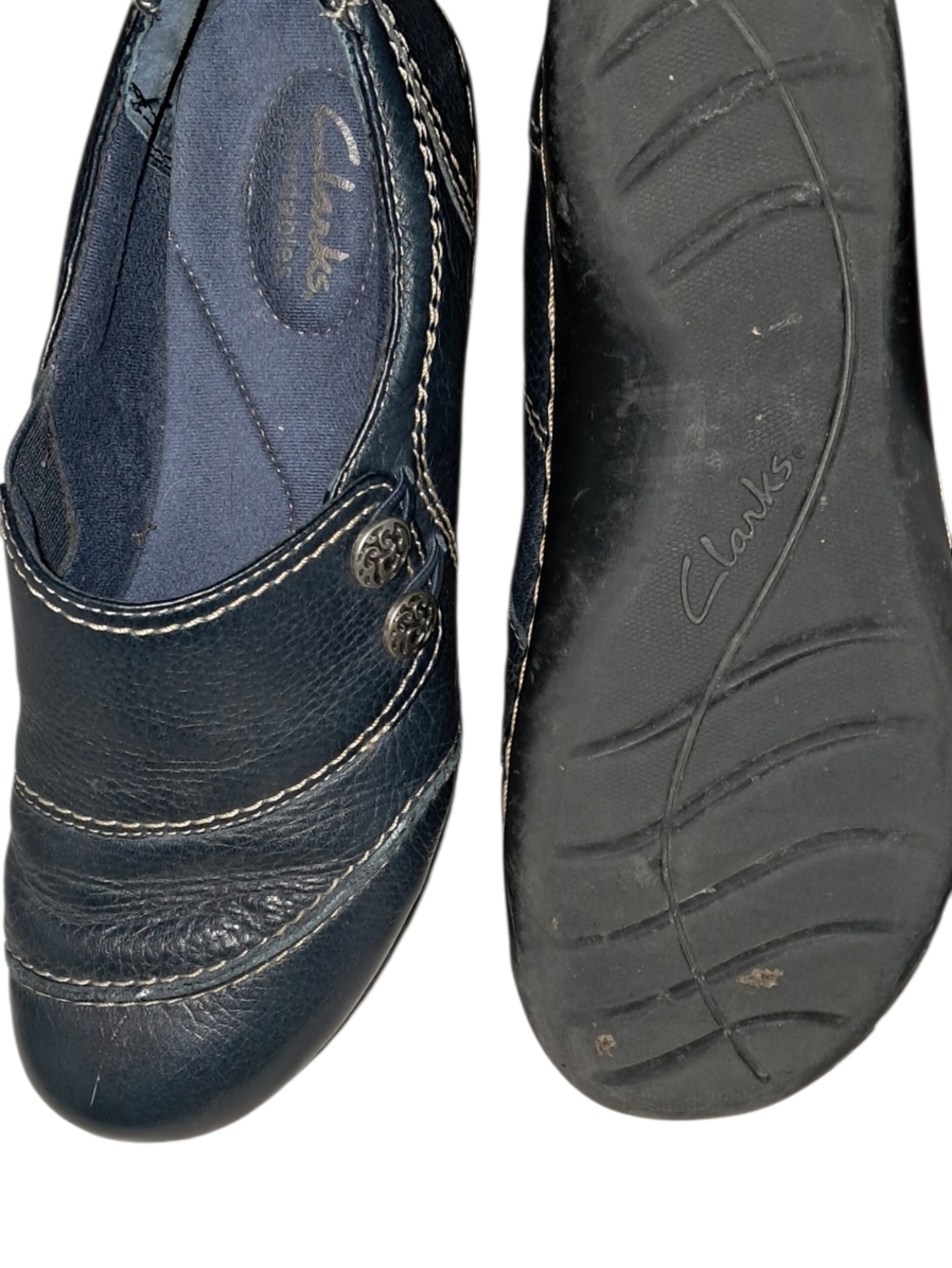 Clarks Navy Leather Slip-On Loafers with Contrast Stitching and Button Detail - Picture 4 of 4
